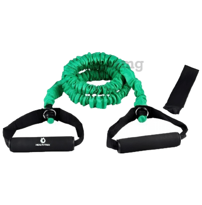 Healthtrek Resistance Tube with Heavy Duty Protective Nylon Sleeve & Door Anchor 50 Lbs Green