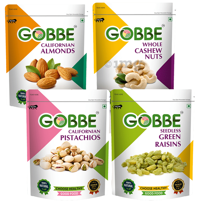 Gobbe Combo Pack of Almonds + Cashew + Pistachios + Green Raisins (200gm Each)
