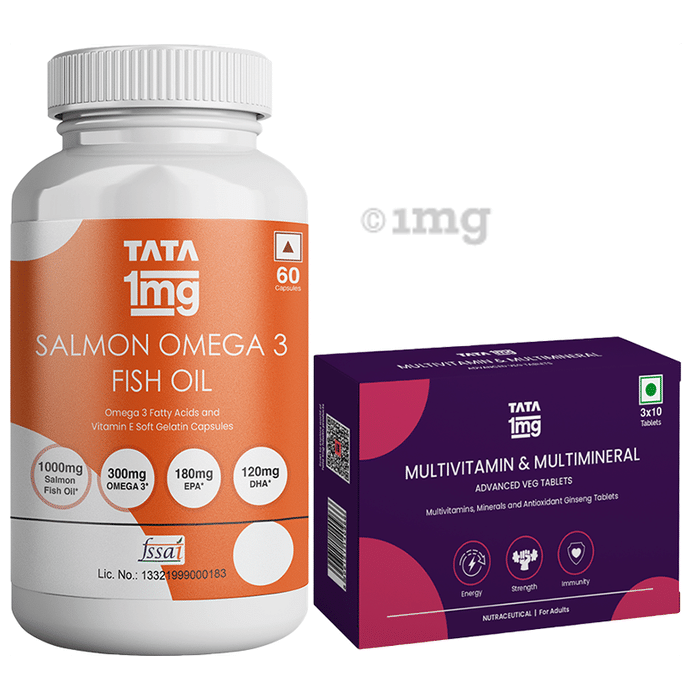 Combo Pack of Tata 1mg Multivitamin Veg Tablet with Multimineral for Immunity, Energy and Daily Wellbeing (30) & Tata 1mg Salmon Omega 3 Fish Oil Capsule (60)