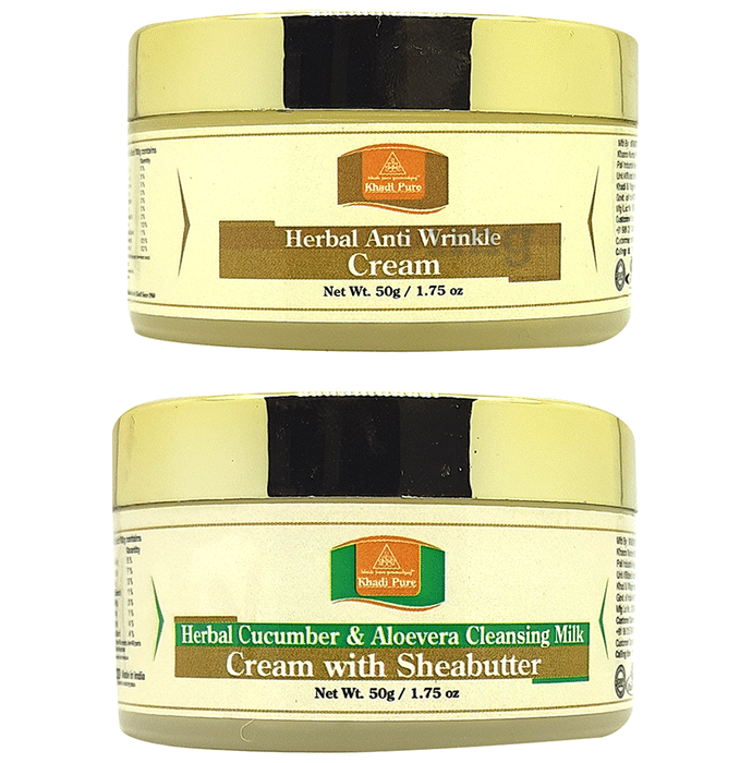 Khadi Pure Combo Pack of Herbal Anti Wrinkle Cream & Herbal Cucumber & Aloevera Cleansing Milk Cream With Shea Butter (50gm Each)