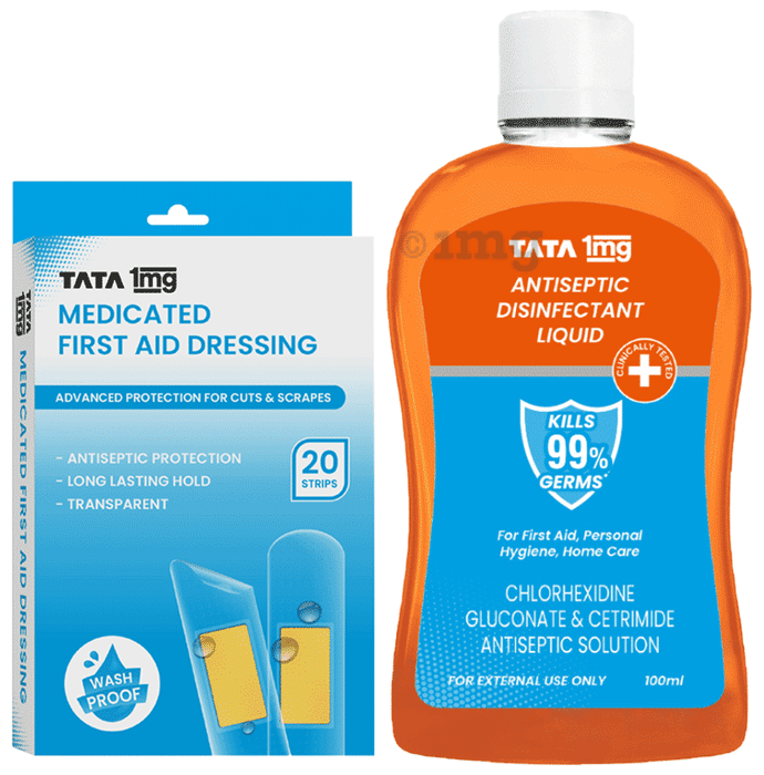 Combo Pack of Tata 1mg Medicated First Aid Dressing - Washproof, Bandages (50) & Tata 1mg Antiseptic Liquid (100ml)