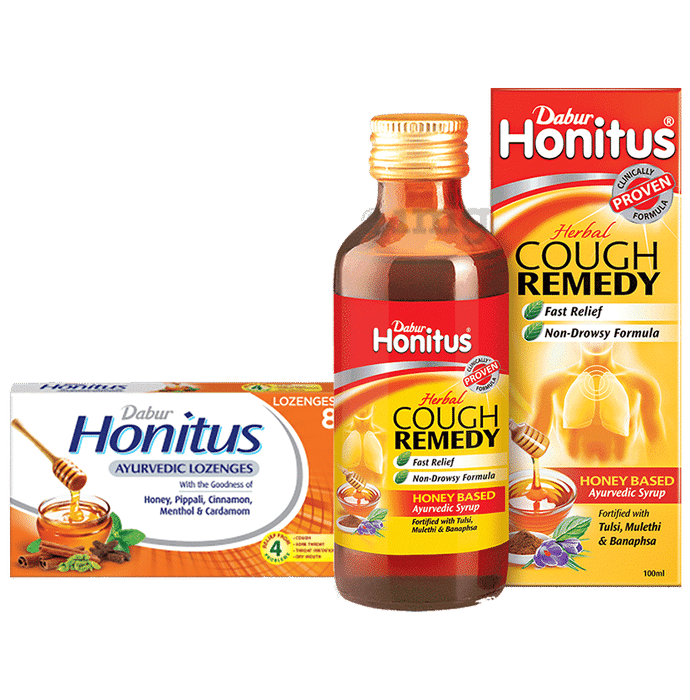 Dabur Combo Pack of Honitus Herbal Cough Remedy (100ml) & Honitus Ayurvedic Lozenges (8)