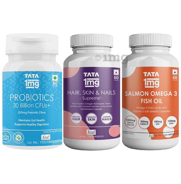 Combo Pack of Tata 1mg Salmon Omega 3 Fish Oil Capsule (60), Hair, Skin & Nails Supreme Biotin Capsule (60) & Probiotics 30 Billion CFUs+ Capsule (60)