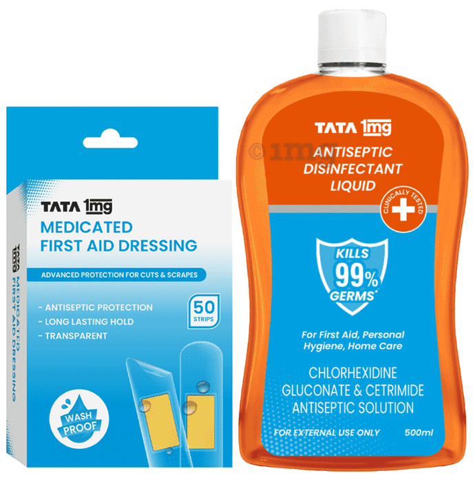 Combo Pack of Tata 1mg Medicated First Aid Dressing - Washproof, Bandages (50) & Tata 1mg Antiseptic Liquid (500ml)