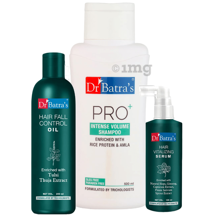 Dr Batra's Combo Pack of Hair Vitalizing Serum 125ml, Hair Fall Control Oil 200ml and Pro+ Intense Volume Shampoo 500ml