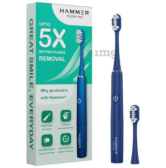 Hammer Flow 2.0 Upto 5X Better Plaque Removal 1 Handle & 2 Brushheads Toothbrush Blue