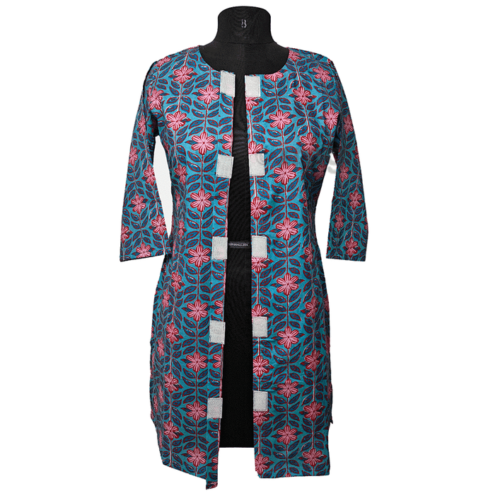 Haxor Velcro Short Kurti 02 Women's 3/4 Length Sleeve Printed Front Open Adaptive Tunic | Round Neck Front Open Kurti Blue XXL