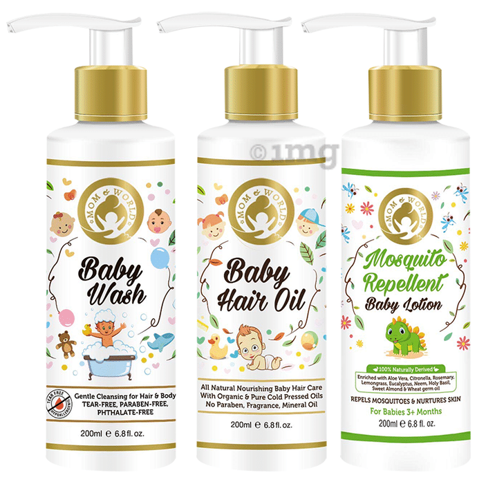 Mom & World Combo Pack of Baby Wash, Baby Hair Oil, Mosquito Repellent Baby Lotion (200ml Each)