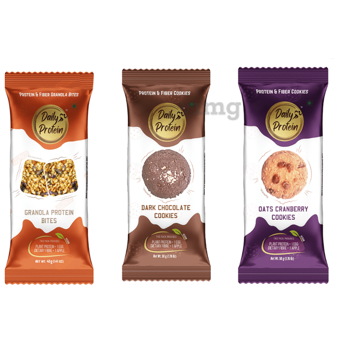 NutriSnacksBox Combo Pack of 3 Packs of Daily Protein Granola Protein Bites (40gm), Dark Chocolate Cookies (50gm) & 3 Pack of Daily Protein Oats Cranberry Cookies (50gm)