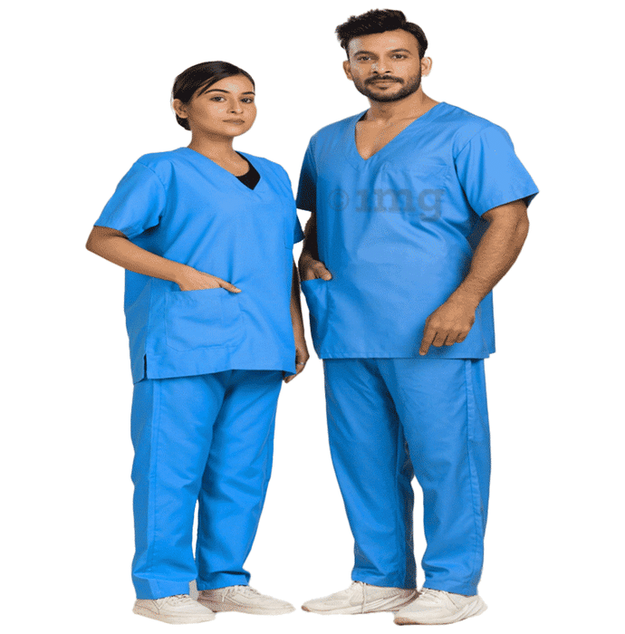 Agarwals Unisex Sky Blue V-Neck Scrub Suit Top and Bottom Uniform Ideal Small