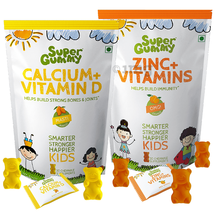 Super Gummy Combo Pack of Calcium+Vitamin D Gummies Masti Mango & Zinc+Vitamins Gummies OMG Orange (30 Each)