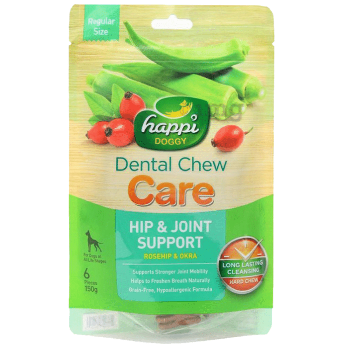 Heads Up For Tails Happi Doggy Dental Chew Care Hip & Joint Support Regular 4 Inch Rosehip & Okra