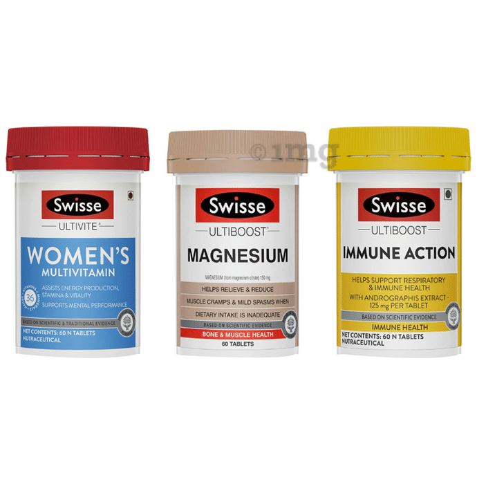 Swisse Combo Pack of Ultivite Women's Multivitamin Tablet, Ultiboost Magnesium Tablet & Ultiboost Immune Action Tablet (60 Each)
