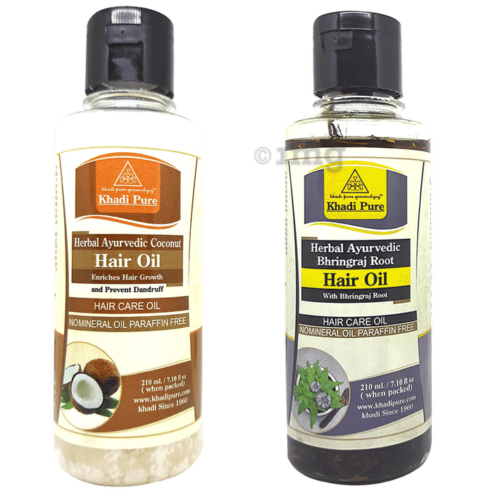 Khadi Pure Combo Pack of Coconut Hair Oil & Herbal Ayurvedic Bhringraj Root Hair Oil Mineral Oil & Paraffin Free (210ml Each)