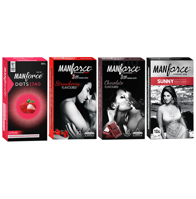 Manforce Combo Pack of Dots 1740 Condom Litchi Falvour, 3 in One Ribbed-Contour-Dotted Condom Strawberry Flavour, 3 in One Ribbed-Contour-Dotted Condom Chocolate Flavour and Sunny Edition Condom (10 Each)