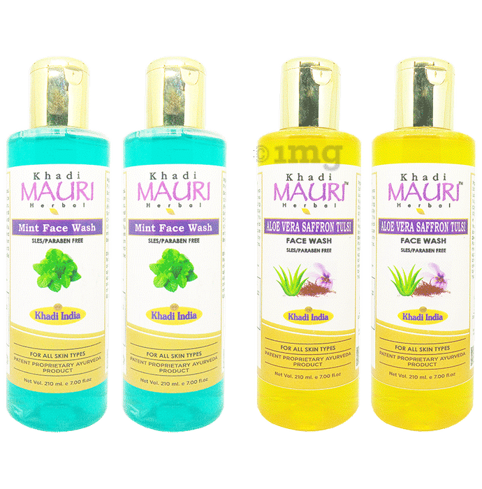 Khadi Mauri Herbal Combo Pack of  Aloe Vera Saffron Tulsi & Mint Face Wash (210ml Each)