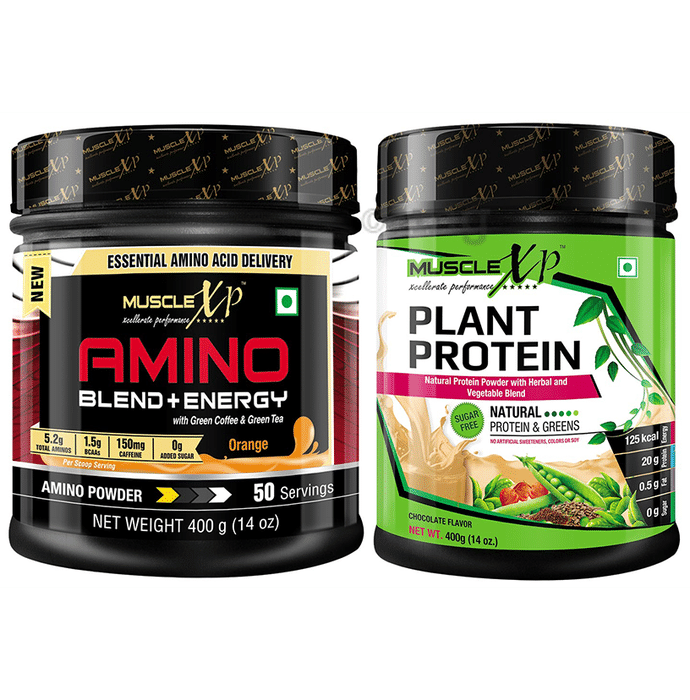 MuscleXP Combo Pack of Amino Blend + Energy Powder Orange & Plant Protein Powder Chocolate (400gm Each)