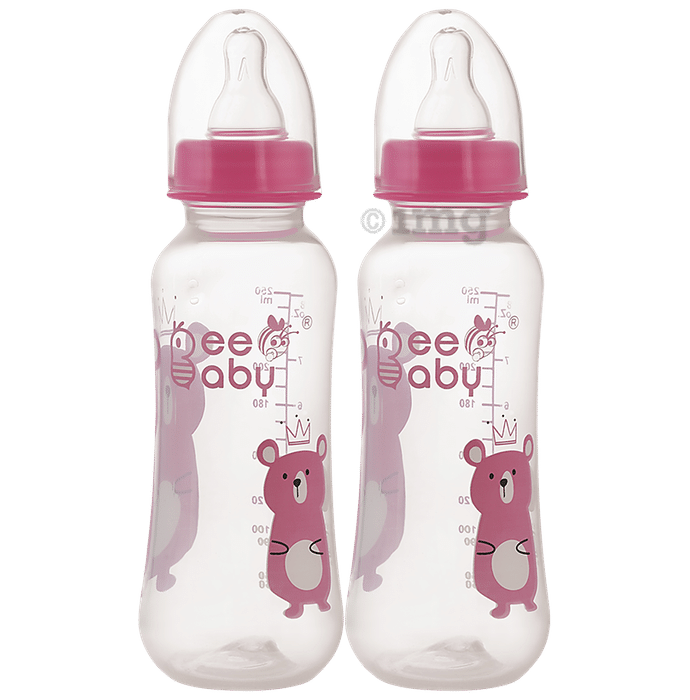 BeeBaby Easy Start Slim Neck Baby Feeding Bottle with 4 Anti - Colic Gentle Touch Silicone Nipples 8 Months + (250ml Each) Pink