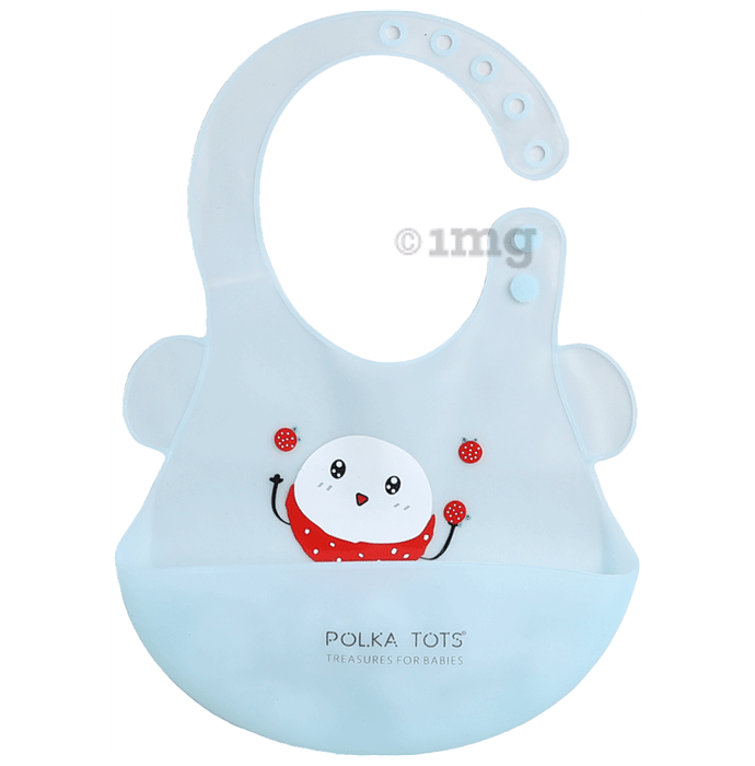 Polka Tots Waterproof Silicone Feeding Bibs With Adjustable Snap Buttons Strawberry Man Print Blue