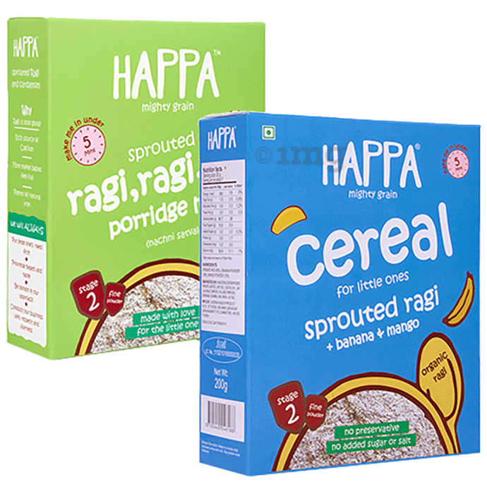Happa Mighty Grain Combo Pack of Porridge Mix Sprouted Ragi and Sprouted Ragi, Banana+Mango Stage 2 (200gm Each)