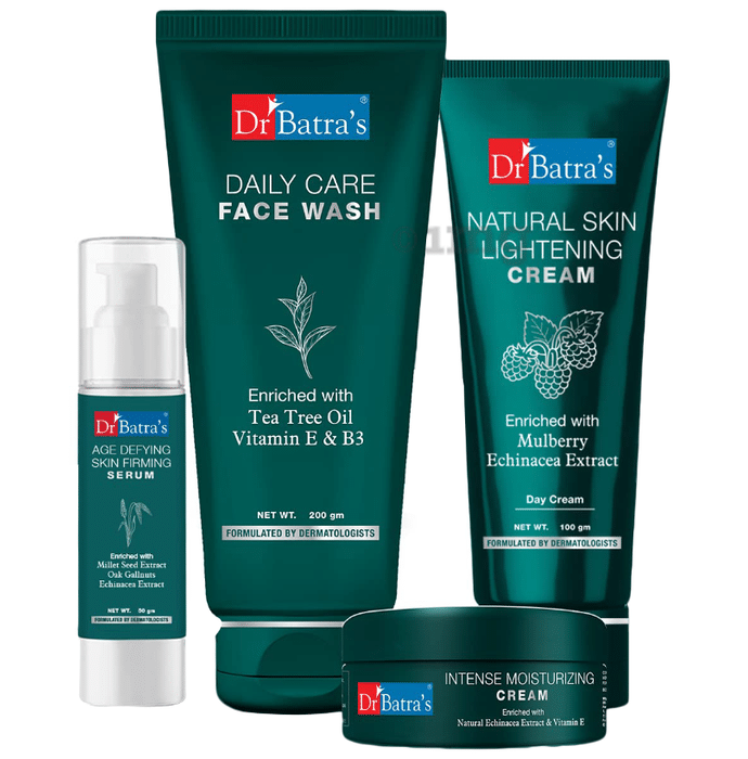 Dr Batra's Combo Pack of Face Wash Daily Care 200gm, Natural Skin Lightening Cream 100gm, Age Defying Skin Firming Serum 50gm and Intense Moisturizing Cream 100gm