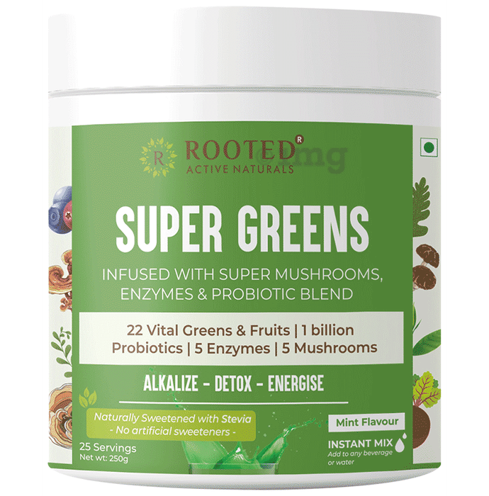 Rooted Active Naturals Super Greens Infused with Super Mushrooms , Enzymes & Probiotic Blend Powder