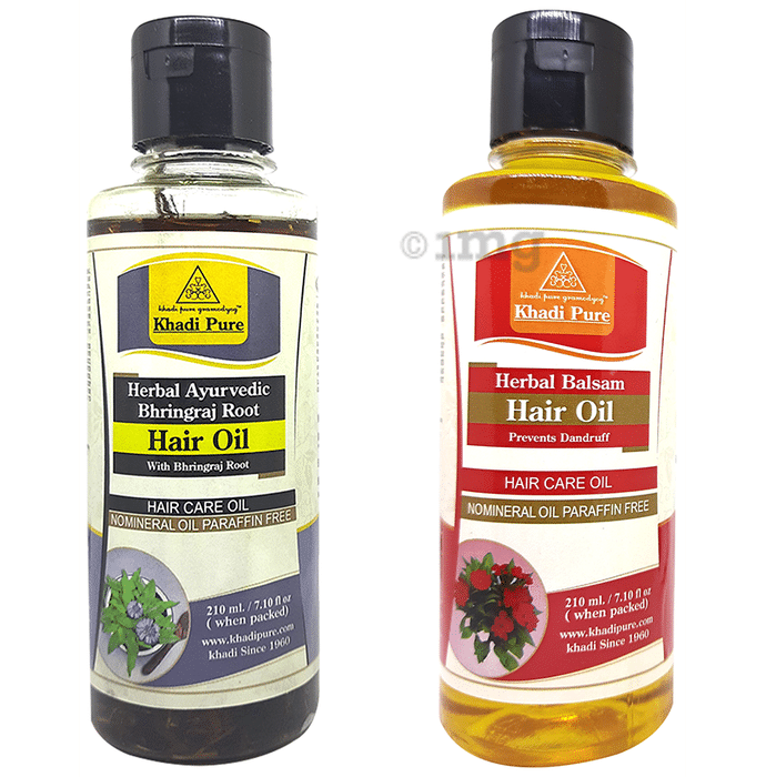 Khadi Pure Combo Pack of Herbal Ayurvedic Bhringraj Root Hair Oil & Herbal Balsam Hair Oil Mineral Oil & Paraffin Oil Free (210ml Each)
