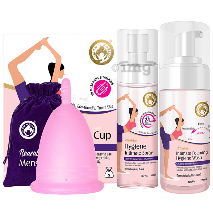 Mom & World Combo Pack of Reusable Menstrual Cup Small, Natural Hygiene Intimate Spray 100ml and Intimate Foaming Hygiene Wash 120ml