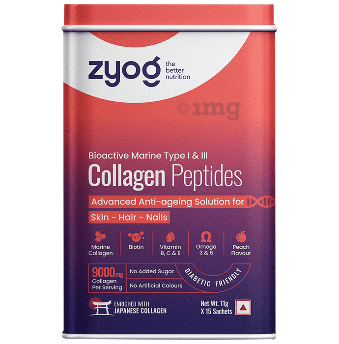 Zyog Bioactive Marine Collagen Peptides Type I & III Advanced Anti-ageing Solution for Skin, Hair & Nails, Diabetic Friendly, Collagen Powder sachets for Men & Women (11gm Each) Peach