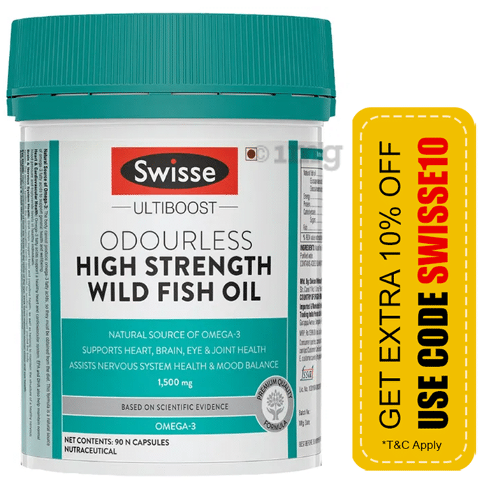 Swisse Ultiboost Odourless High Strength Wild Fish Oil Capsule with 1500mg Omega 3 | For Heart, Brain, Eye & Joint Health