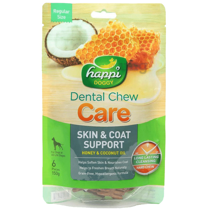 Heads Up For Tails Happi Doggy Dental Chew Care Skin & Coat Support Regular 4 Inch Honey & Coconut Oil