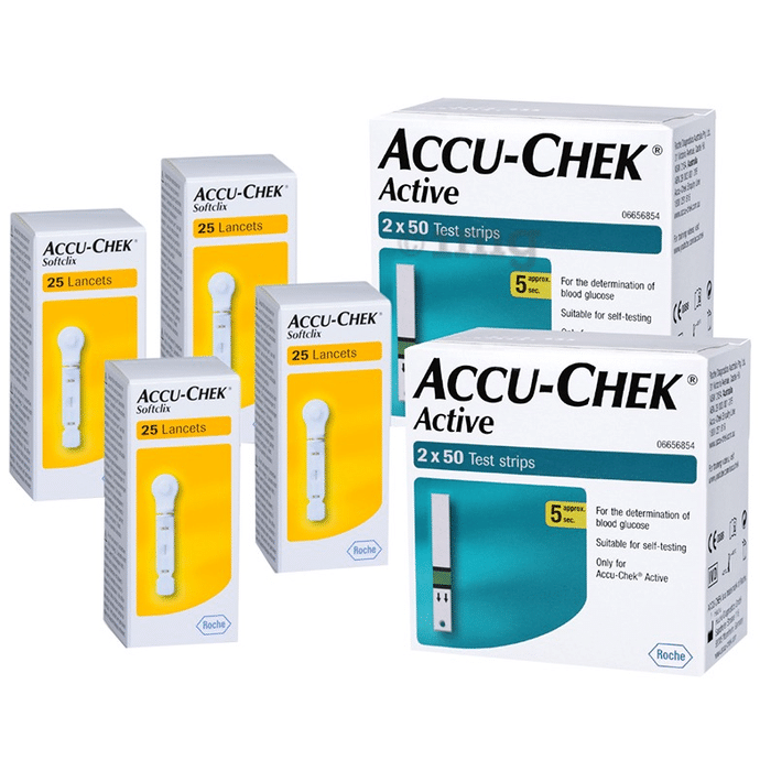Accu-Chek Combo Pack of 2 Pack Active Test Strip (100 Each) & 4 Pack Softclix Lancet (25 Each)
