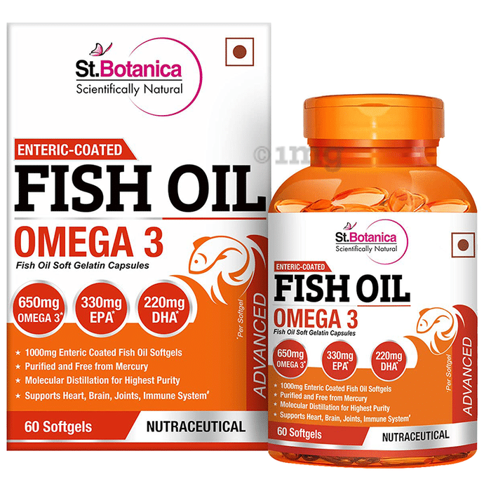 St.Botanica Enteric Coated Fish Oil Omega 3 Advanced with 1000mg Fish Oil and 650mg Omega 3 Softgels