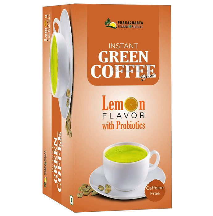 Pranacharya Green Shield Instant Green Coffee Extract Sachets (20 Each) Lemon with Probiotics