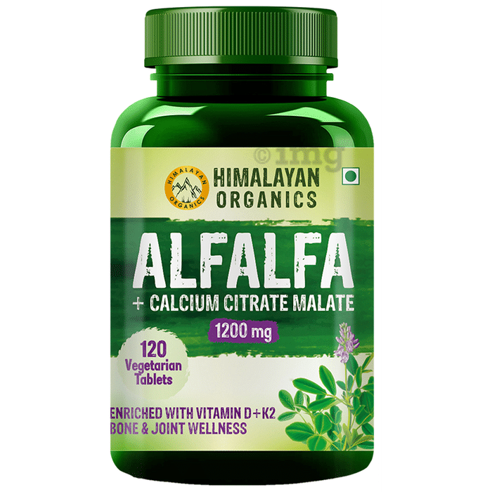 Himalayan Organics Alfalfa + Calcium Citrate Malate 1200mg | With Vitamin D + K2 for Bones & Joints | Veg Tablet