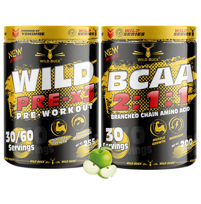 Wild Buck Combo Pack of Wild Pre-X3 Pre-Workout 255gm and BCAA 2:1:1 200gm Green Apple