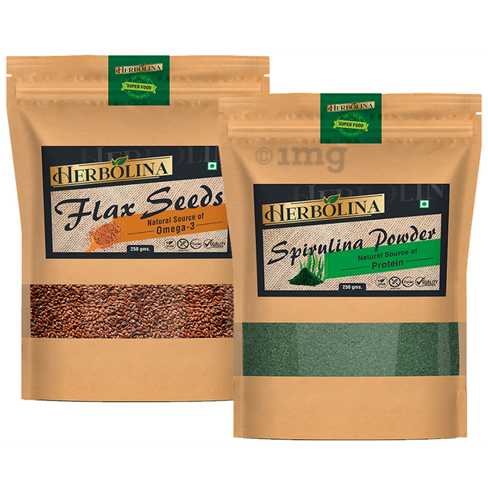 Herbolina Combo Pack of Flax Seeds & Spirulina Powder (250gm Each)
