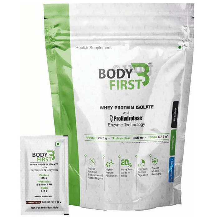 Body First Whey Protein Isolate with Prohydrolase Enzyme Technology (32gm Each) Unflavoured