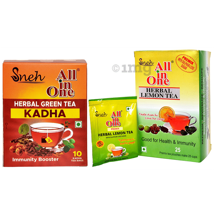 Sneh Combo Pack of All in One Kadha Herbal Green Tea (10 Tea Bags, 2.5gm Each) and Herbal Lemon Tea Premix with Sulphur-Less Sugar (25 Pouches, 10gm Each)