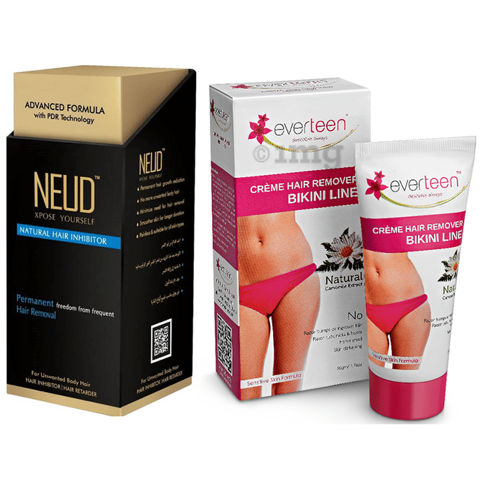 Wet & Dry Combo Pack of Neud Natural Hair Inhibitor 80gm & Everteen Creme Hair Remover Bikini Line 50gm