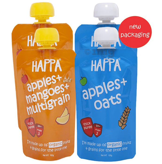 Happa Combo Pack of Thick Puree Apples+Oats & Apples+Mangoes+Multigrain (100gm Each)