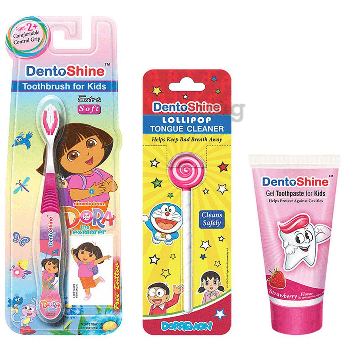 DentoShine Combo Pack of CC Grip Toothbrush for Kids, Lollipop Tongue Cleaner and Strawberry Flavoured Toothpaste 80gm