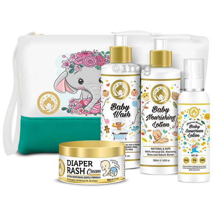 Mom & World Groom and Bloom Baby Grooming Combo (Diaper Rash Cream 50gm, SPF50 Baby Sunscreen Lotion 120ml, Baby Wash & Baby Nourishing Lotion 200ml Each) with Pouch
