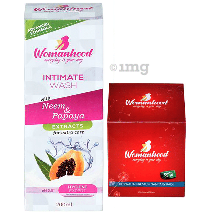 Womanhood Combo Pack of Intimate Wash 200ml and 10 Sanitary Pads XL (Pack of 4)
