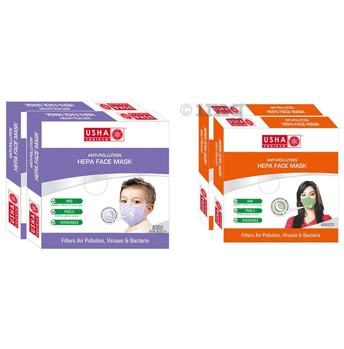 Usha Shriram Combo of N95 Anti Pollution HEPA Face Mask for Adults and Kids (2+2)