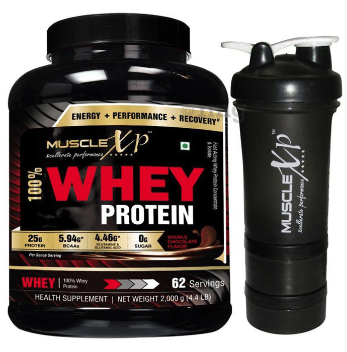 MuscleXP 100% Whey Protein  2Kg, Double Chocolate with Shaker 500ml (Design 11)