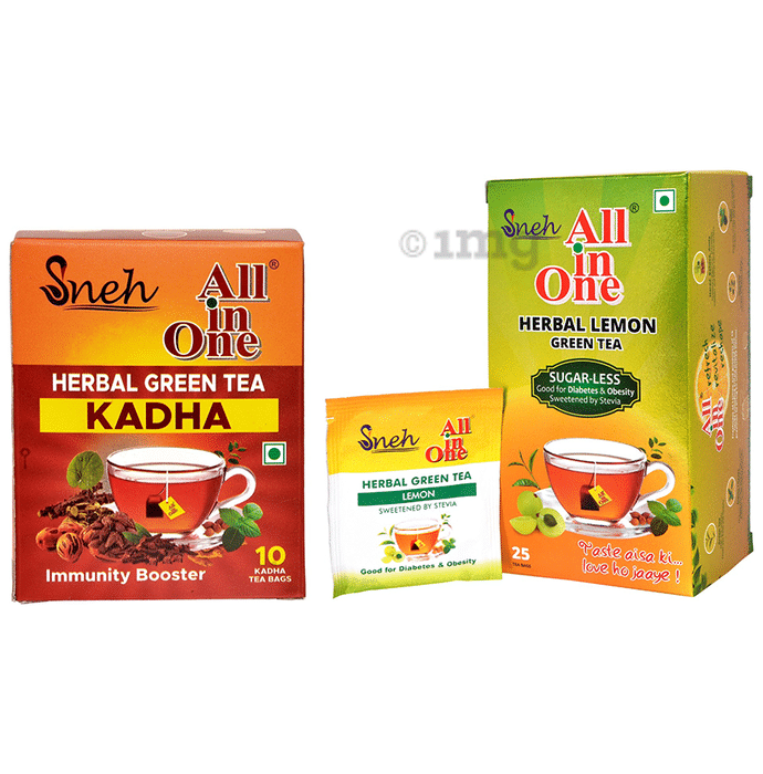 Sneh Combo Pack of All in One Kadha Herbal Green Tea (10 Tea Bags, 2.5gm Each) and Herbal Lemon Green Tea Sugar-Less (25 Tea Bags, 2gm Each)