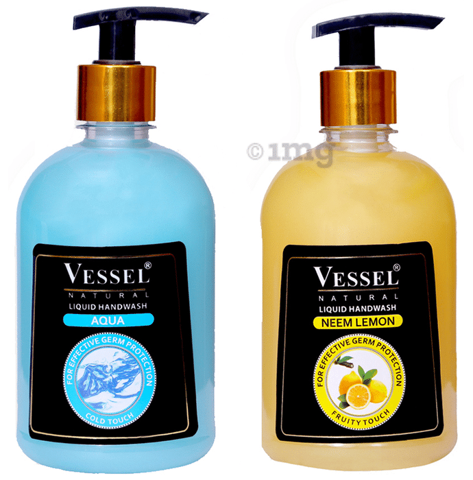 Vessel Bottle Combo Pack of Natural Liquid Handwash Aqua and Neem Lemon (500ml Each)