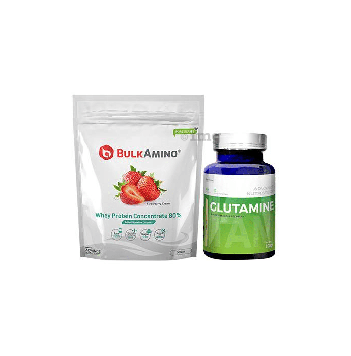 Advance Nutratech Combo of BulkAmino Whey Protein Concentrate 80% Strawberry Cream 500gm and Glutamine Supplement Powder 100gm Unflavoured