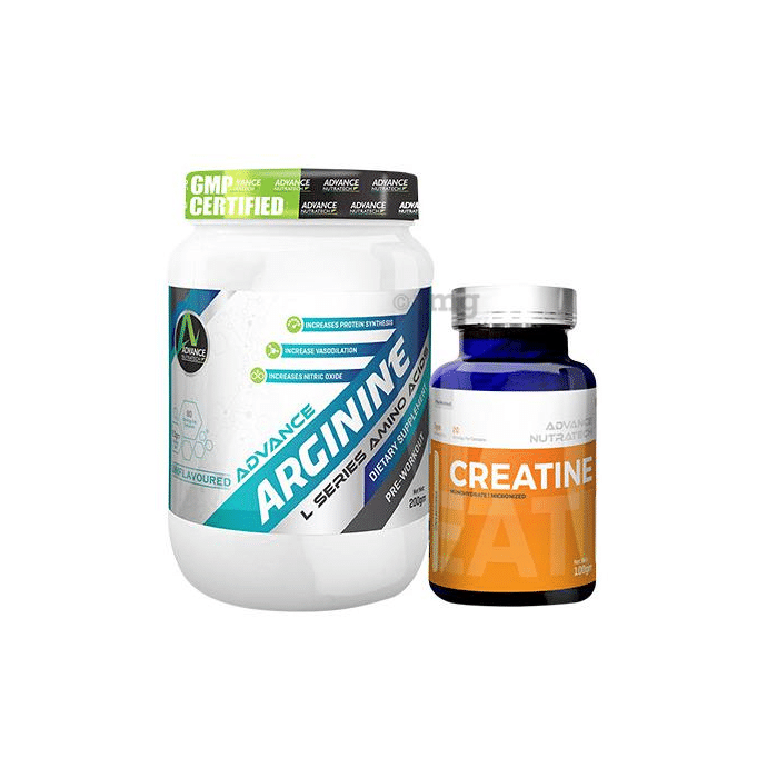 Advance Nutratech Combo of Arginine Aminos Pre-Workout 200gm Unflavoured Raw Powder and Creatine Monohydrate Unflavored 100gm